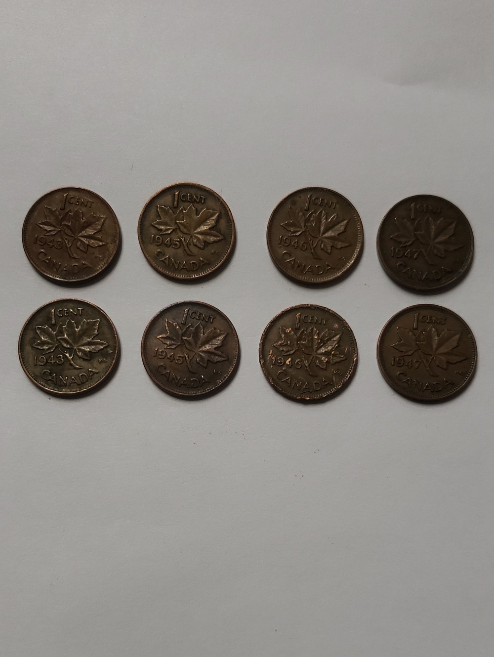 Vintage 1940's Canadian 1 Cent Coins - Lot of 8 - Brown Copper Tones